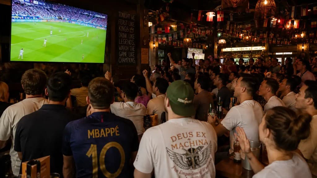 Fans cheering at a sports bar during the match